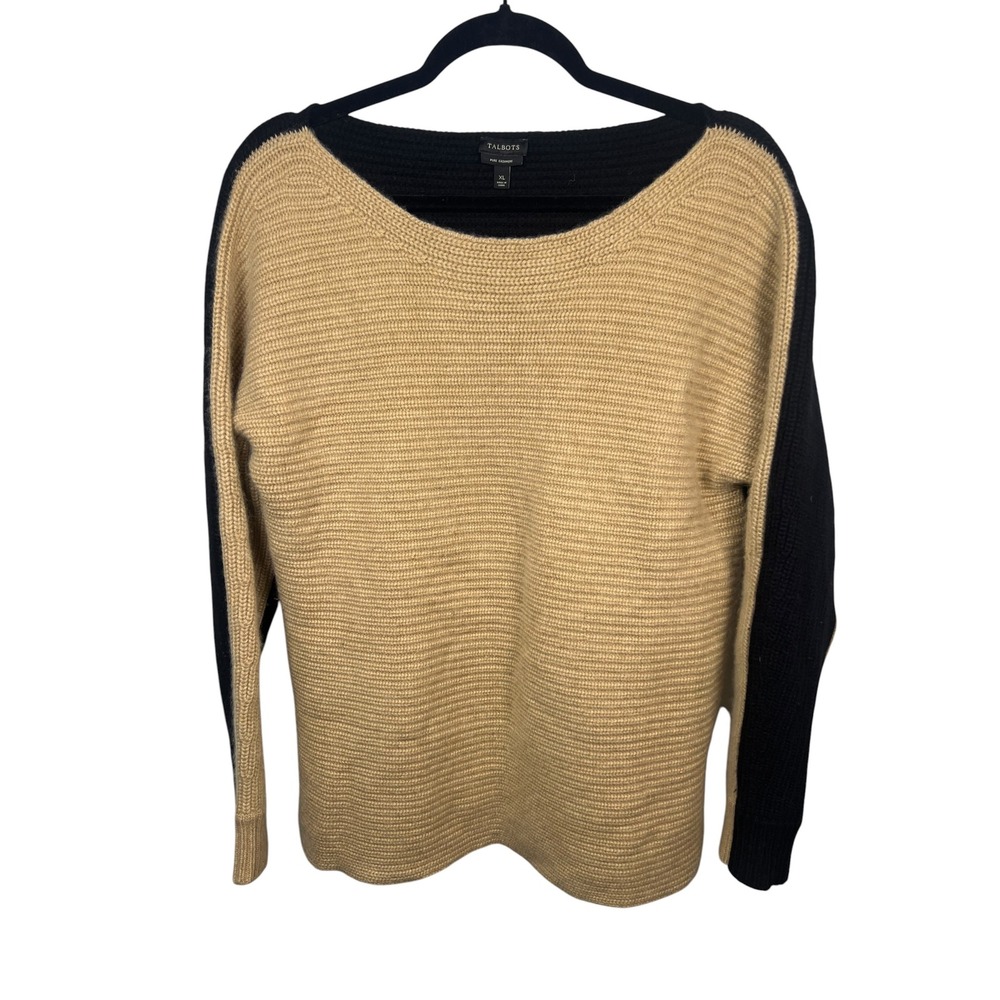 Talbots 100% Pure Cashmere Sweater Tan Black Ribbed Quiet Luxury Boatneck XL
